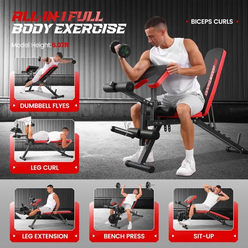 Vista 6 de OPPSDECOR Adjustable Weight Bench with Leg Extension and Leg Curl, Workout Bench Press Preacher Curl Bench with Wheels, 800 LBS Flat/Incline/Decline