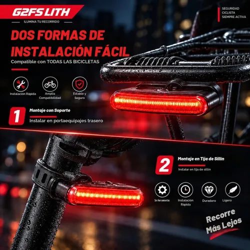 Vista 6 de Luz trasera de bicicleta recargable, IPX6 impermeable 220 amplia visibleSafety modo linterna carretera montaña paseo nocturno