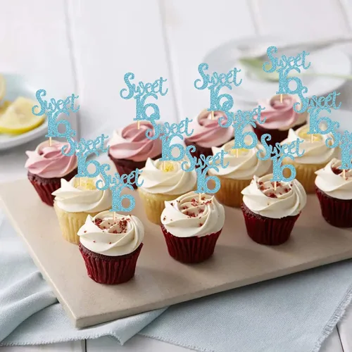 Vista 5 de Ercadio Paquete de 24 adornos azules para cupcakes de 16 cumpleaños, decoración para 16 cumpleaños, aniversario, suministros de fiesta