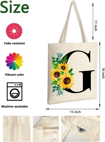 Vista 4 de AUSVKAI - Bolsa de lona estética para mujer, linda inicial de girasol con monograma de moda personalizada para el cumpleaños, bolsas de tela