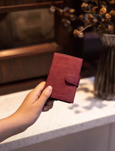Vista 5 de Tarjetero de cuero para tarjetas de crédito, billetera desplegable automática minimalista delgada con bloqueo RFID para hombre y mujer