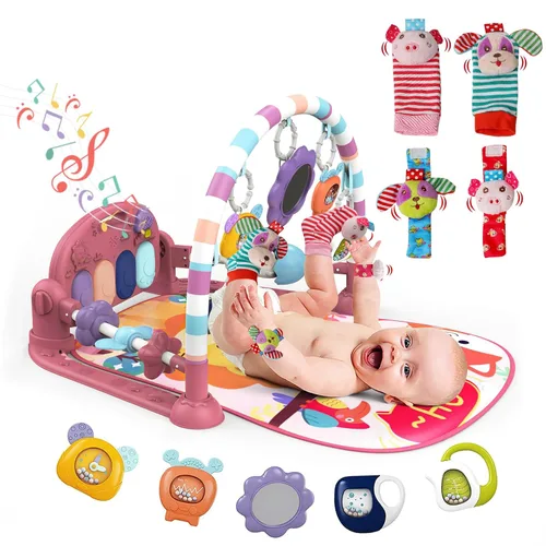 Vista 15 de dearlomum Gimnasio con tapete de juego para bebé, divertido tapete de piano para tiempo de barriga con 5 juguetes sensoriales para bebés y 2