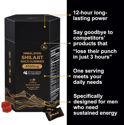 Vista 3 de Gomitas Shilajit orgánicas puras del Himalaya con Ashwagandha y musgo marino - Suplemento Shilajit dorado para hombres y mujeres, más de 105