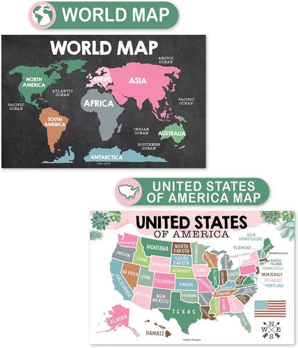 Vista 4 de Hadley Designs 4 carteles del alfabeto, mapa de Estados Unidos, mapa del mundo y sistema solar, gráficos ABC laminados para decoración de pared