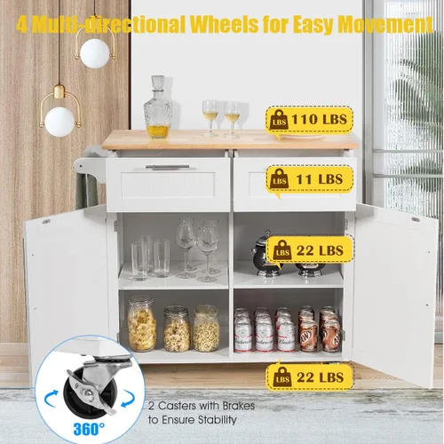 Vista 5 de Harmony-Furniture - Isla de cocina con ruedas con cajones y armarios de almacenamiento, carrito de servicio con cerradura, carrito de cocina móvil