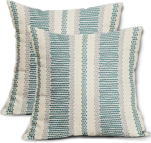 Vista 37 de Juego de 2 fundas de almohada negras y azules con rayas de puntos grises, decorativas para exteriores, estilo boho rústico, para sofá, cama, cojín