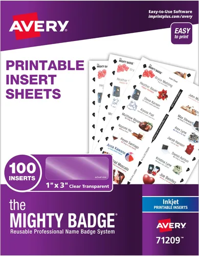 Vista 9 de The Mighty Badge by Avery, 1" x 3" Inserts for Name Tags, 100 Clear Inserts for Inkjet Printers Only (71209) (Pack of 10)