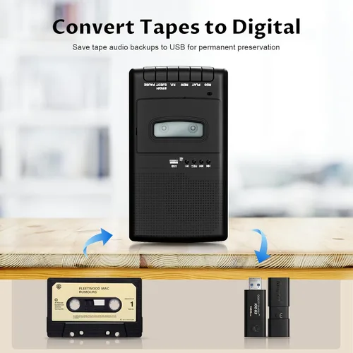 Vista 2 de Grabadora de cassette/convertidor de cinta, grabación a USB/cinta desde micrófono, convertir cintas a WAV a través de una unidad USB, reproductor