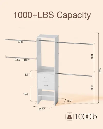 Vista 6 de Sistema de Closet con Cajón, Sistema de Organizadores de Closet de 5-8 Pies con 5 Barras Colgantes Ajustables y Estante para Zapatos, Organizadores