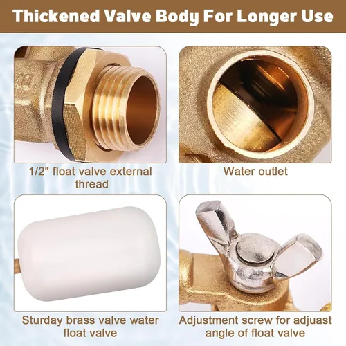 Vista 5 de Válvula de flotador de agua de 1/2 pulgada, válvula de bola flotante de latón con brazo ajustable, llenado automático y válvula de control de nivel
