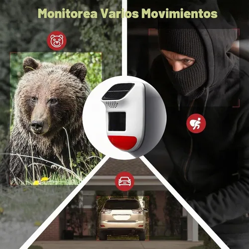 Vista 9 de Alarma Solar con Sensor de Movimiento - Sirena de Seguridad Impermeable IP65 de 120dB con Control Remoto y Luz Estroboscópica, 3 Modos