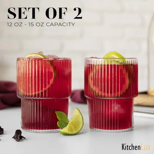 Vista 4 de Kitchen Lux Vasos acanalados de vidrio acanalado de 15 onzas – Juego de 2 vasos acanalados – Juego de 2 vasos estéticos con textura vintage retro