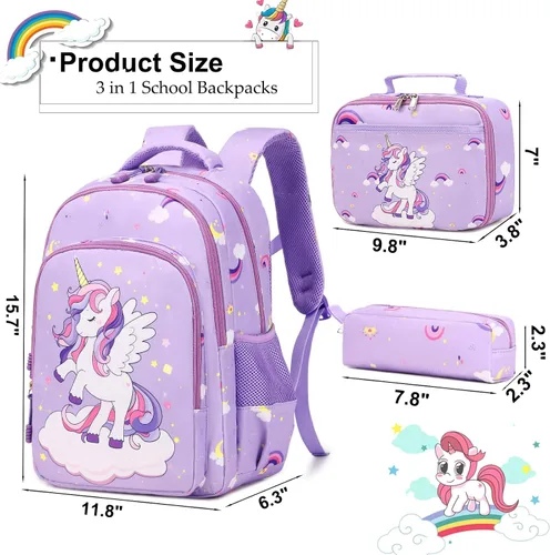 Vista 57 de Juego de mochila para niñas con diseño de unicornio, mochila escolar para niños, mochila para libros para niñas, set 3 en 1, regreso a clases