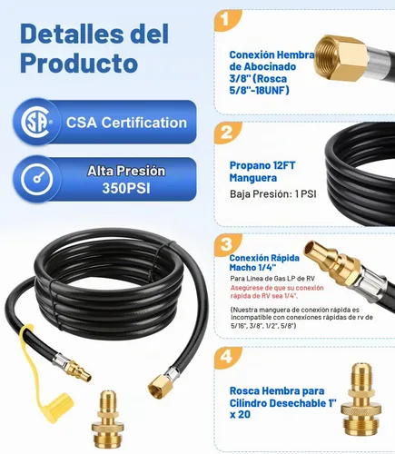 Vista 2 de WADEO Manguera de conexión rápida de propano de 12 pies para RV a parrilla de gas, accesorios de conexión rápida de propano para botella desechable