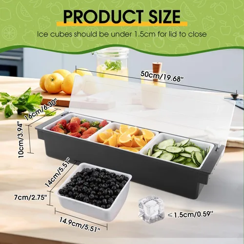 Vista 2 de Bandeja con tapa para frutas, verduras y condimentos con estación de guarnición para bartending y servicio de tacos (2, 3 compartimentos)
