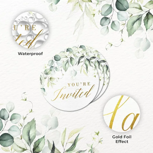 Vista 4 de Mobiusea Creation Greenery - Calcomanías de invitación de boda 1.4 pulgadas Lámina dorada 108 calcomanías impermeables para sobres