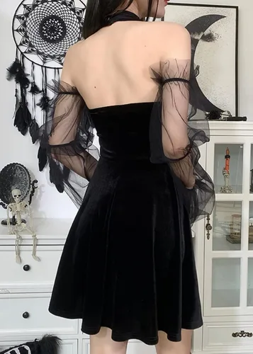Vista 2 de TSMNZMU Womens Gothic Fairy Dresses Velvet Off Shoulder Emo Halter Vintage Dress Harajuku Lace Long Sleeve Lolita Dress