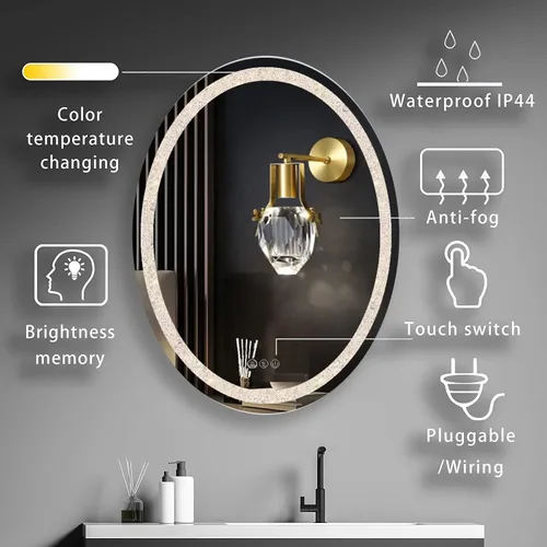 Vista 2 de Espejo de baño de cristal LED ovalado de 20 x 30 pulgadas, espejo LED inteligente para baño, espejo de tocador iluminado con luz de 3