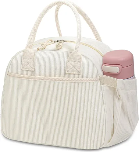 Vista 23 de Carry bloom Lonchera para mujer, lonchera aislada, bonita lonchera de pana reutilizable para el trabajo (1 rayas blancas y negras)
