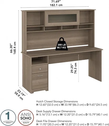 Vista 3 de Bush Furniture Cabot - Escritorio para computadora con gabinete, 72 W, gris ceniza