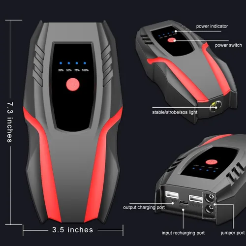 Vista 7 de Paquete de arranque automático de 12 V con compresor de aire, corriente máxima 2000a, cargador de batería de litio para automóvil, bomba de aire