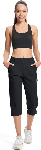 Vista 8 de MAGCOMSEN - Pantalones de senderismo para mujer, tipo capri y cargo, ligeros, elásticos, resistentes al agua, con 5 bolsillos para exterior