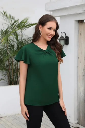 Vista 5 de Blusa casual de gasa con cuello en V y manga corta con nudo de lazo para mujer