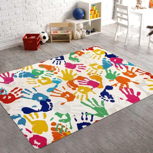 Vista 15 de STARUIA - Alfombra de huellas de manos y pies para niños para sala de juegos, alfombra de guardería lavable de 3 x 5 pies de colores para habitación