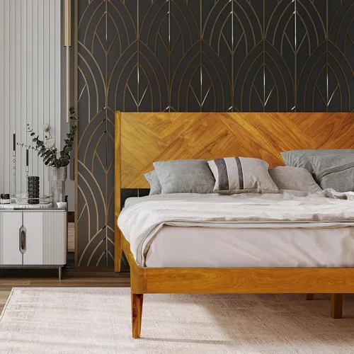 Vista 4 de Gazelle Signature - Marco de cama con cabecera alta de plataforma de madera maciza, marco de cama Queen, cama de madera natural Art Deco compatible