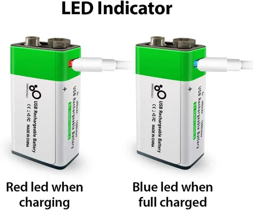 Vista 5 de Batería recargable USB de iones de litio de 9 V, batería recargable de 9 V de alta capacidad de 650 mAh, carga rápida de 1.5 H, 1200 ciclos