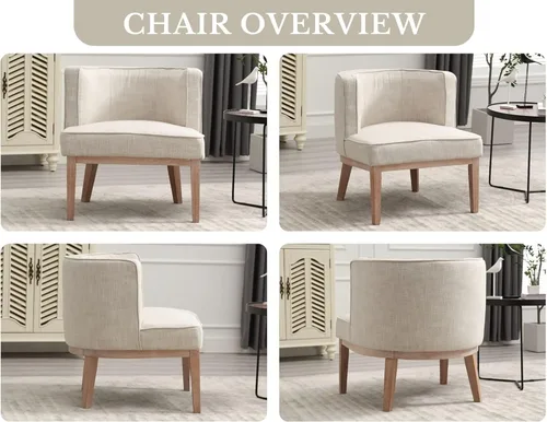 Vista 9 de Silla de barril beige con marco de madera maciza, silla decorativa redonda pequeña, cómoda silla de lino para sala de estar