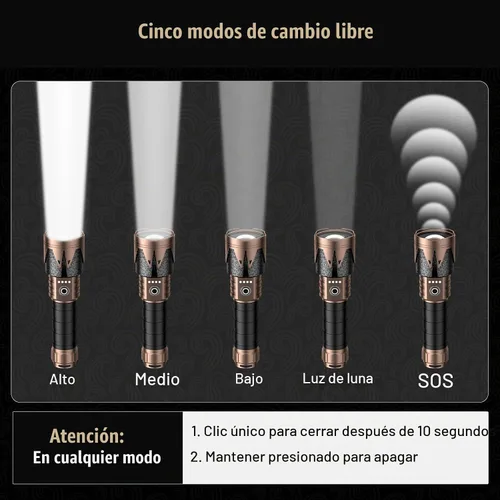 Vista 6 de SKYFIRE Linternas recargables de alto lúmenes con lente de encendido, 5000 linternas tácticas súper brillantes, zoomable, 6 modos, luz de flash