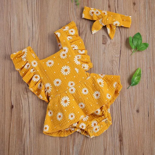 Vista 3 de Mameluco para bebé recién nacido, con margaritas, ropa ajustable con volantes de una pieza, overol de verano para bebé Naranja