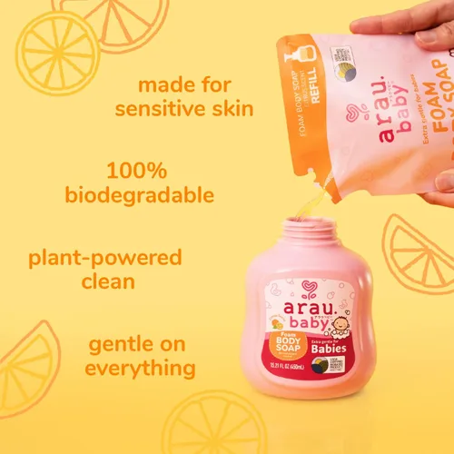 Vista 4 de Arau Baby Jabón corporal de espuma, repuesto de aroma cítrico, gel corporal espumoso natural a base de plantas para bebés, bebés y niños pequeños
