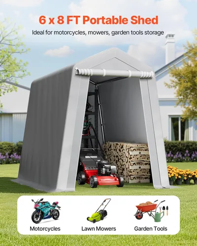 Vista 2 de VEVOR Cobertizo Tienda de Almacenamiento Exterior Portátil Resistente de 6 x 8 x 7 pies, Refugio de Cochera Garaje Impermeable con Puerta Enrollable