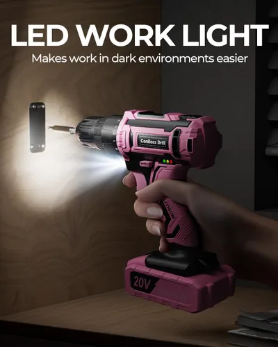Vista 5 de Juego de taladro inalámbrico rosa, taladro eléctrico de 20 V para mujer, destornillador eléctrico ligero con paquete de energía y cargador