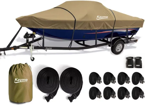 Vista 26 de Kayme Cubierta de lancha resistente 1200D para barcos de 14 a 16 pies, impermeable, resistente al desgarro con correas reforzadas al viento, ideal