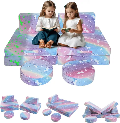 Vista 9 de Sofá modular para niños MeMoreCool – Sofá de dinosaurio de 8 piezas que brilla en la oscuridad para niños pequeños convertible en fuerte constructor