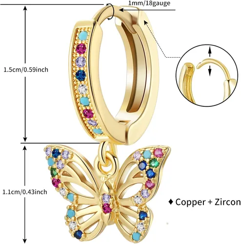 Vista 6 de PWUEITR Butterfly Earrings for Women Girls Small Gold Hoop Earrings with Charms Zircon Star Moon Huggie Dangle Earrings Valentine's Day Wedding