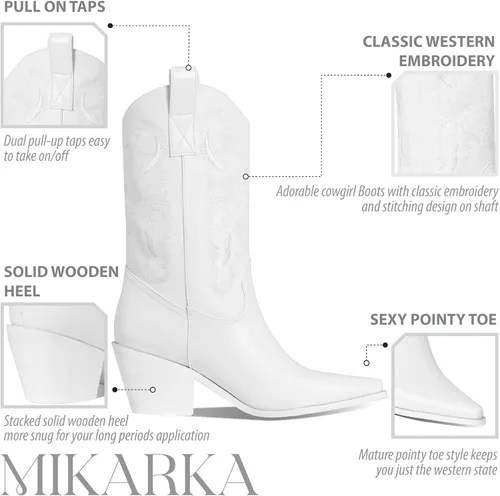 Vista 3 de Mikarka Botas vaqueras bordadas de media pantorrilla para mujer, botas vaqueras occidentales con puntera puntiaguda, botines de vaquero con grifos