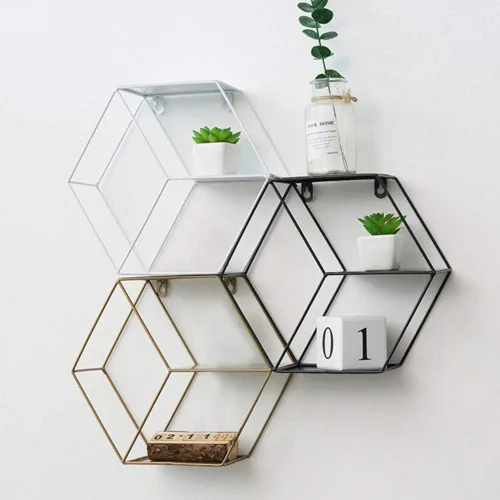 Vista 5 de Ochine Estantes flotantes montados en la pared, exhibición de almacenamiento redonda rústica, estante hexagonal para colgar en la pared, decoración