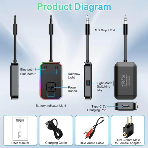 Vista 6 de Transmisor Bluetooth 5.4 Beeitzie Ultra Airplane 2026 – aptX LL baja latencia, soporta 2 auriculares simultáneamente – Adaptador de audio