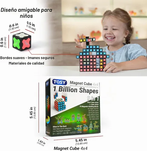 Vista 10 de TOSY Cubo Magnético 4x4 - 70 Bloques, 560 Imanes, Multiuso: Bloques de Construcción Creativos, Fidget Spinner Transformable, Rompecabezas/Cubo Cubo