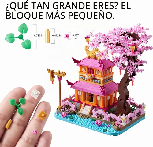 Vista 3 de Juego de microbloques de construcción de Cherry Blossom Tree House Enjoy Flower Pavilion de 1810 piezas, exquisito kit de modelo de arquitectura