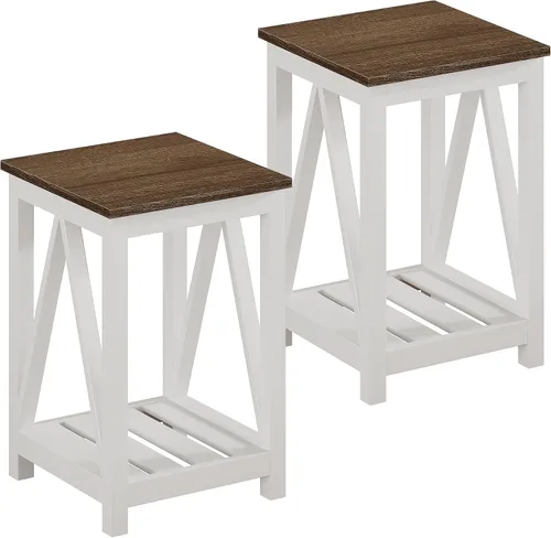Vista 11 de ChooChoo - Mesa auxiliar estilo granja, mesa auxiliar rústica vintage con estante de almacenamiento para espacios pequeños, mesita de noche