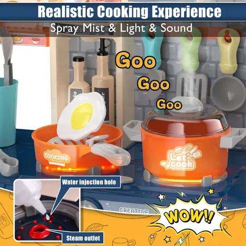 Vista 5 de Juego de cocina para niños pequeños, juego de cocina para niños pequeños, juguetes para niñas con estufa de cocina, vapor, fregadero y alimentos