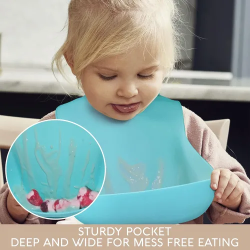 Vista 3 de Sperric Baberos de silicona para bebé, babero de silicona suave con atrapasador de alimentos y material impermeable, ajuste ajustable para bebés