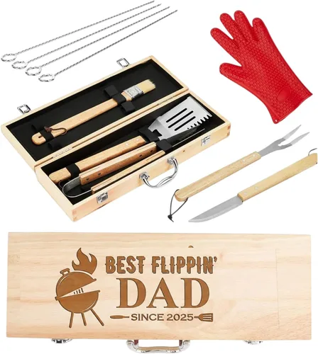 Vista 11 de Juego de parrilla BBQ de 11 piezas con caja de madera de arce grabada, herramientas de barbacoa de acero inoxidable premium con mangos de madera