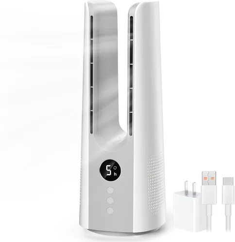 Vista 10 de KONSIDEN Bladeless Desk Fan for Office, 13-Inch Small Quiet Desktop Fan with 5 Speeds, 60° Oscillation, 1–9H Timer and LED Display, Plug-In Bedside