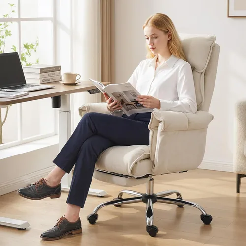 Vista 9 de HOMCOM Silla de escritorio cómoda reclinable con reposapiés, asiento extra Blanco crema